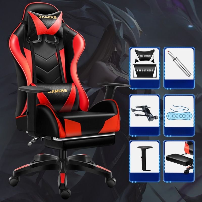 Adult Gaming Chair with Reclining Feature, Back Support, Leg Rest, Cross-Leg Design, Pillow Included, and Tilt Lock, Black/ Red, Height-Adjustable Arms, With Footrest