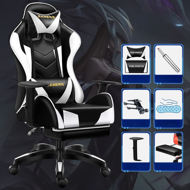 Adult Gaming Chair with Reclining Feature, Back Support, Leg Rest, Cross-Leg Design, Pillow Included, and Tilt Lock, Black/ White, Height-Adjustable Arms, With Footrest