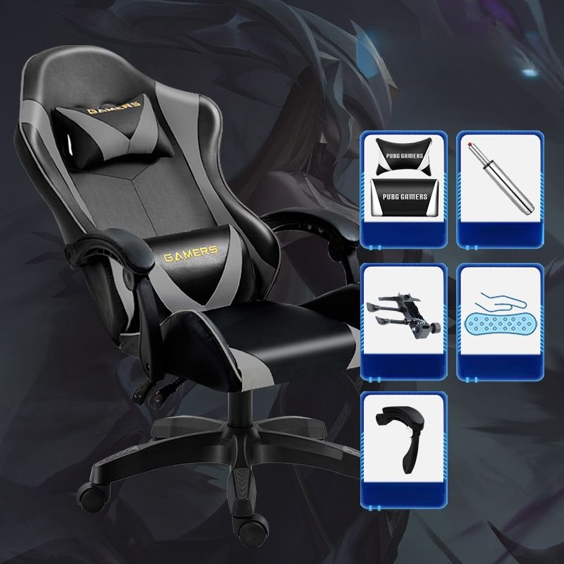 Adult Gaming Chair with Reclining Feature, Back Support, Cross-Leg Design, Pillow Included, Tilt Lock, and Back, Black/ Grey, Fixed Arms, Without Footrest