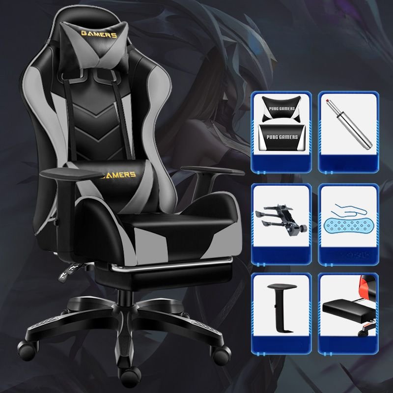 Adult Gaming Chair with Reclining Feature, Back Support, Leg Rest, Cross-Leg Design, Pillow Included, and Tilt Lock, Black/ Grey, Height-Adjustable Arms, With Footrest