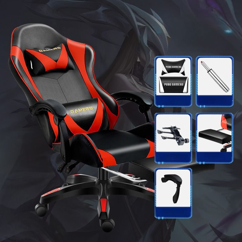 Adult Gaming Chair with Reclining Feature, Back Support, Leg Rest, Cross-Leg Design, Pillow Included, and Tilt Lock, Black/ Red, Fixed Arms, With Footrest