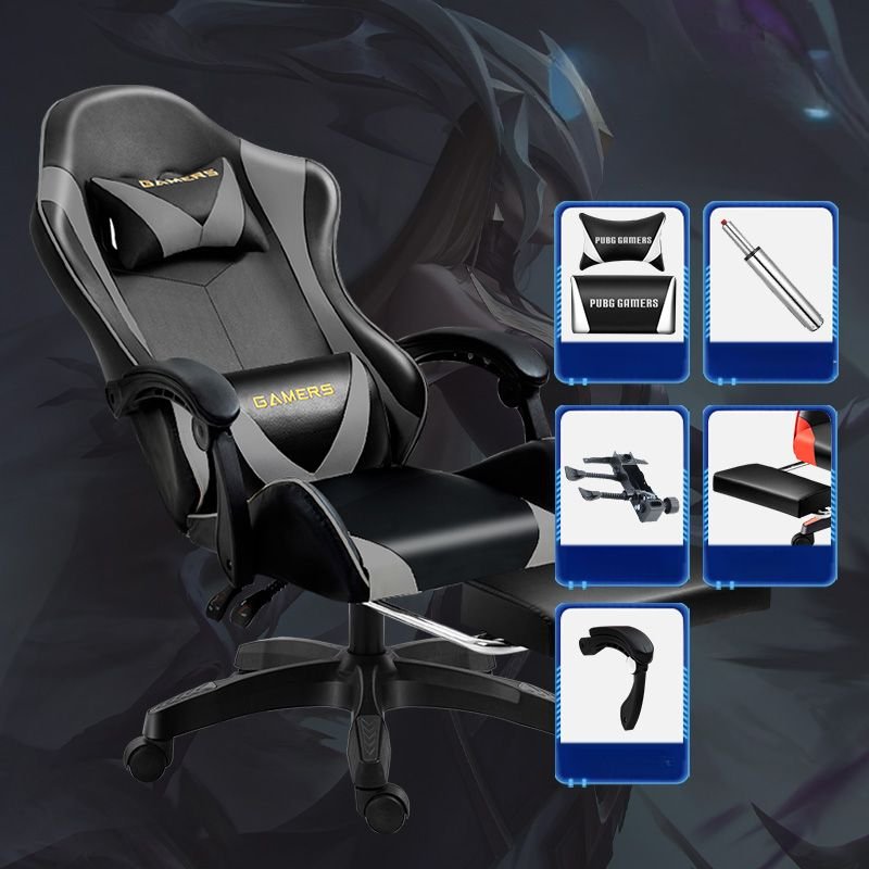 Adult Gaming Chair with Reclining Feature, Back Support, Leg Rest, Cross-Leg Design, Pillow Included, and Tilt Lock, Black/ Grey, Fixed Arms, With Footrest