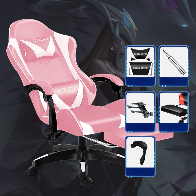 Adult Gaming Chair with Reclining Feature, Back Support, Leg Rest, Cross-Leg Design, Pillow Included, and Rose Seating, Pink/ White, Fixed Arms, With Footrest