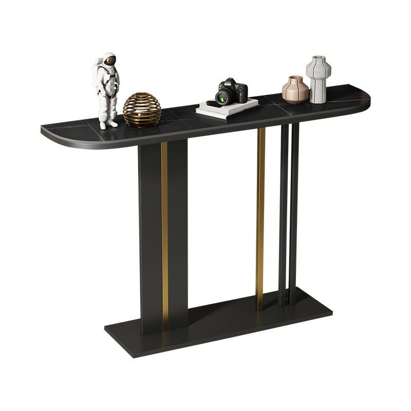 1 Piece Classic Half-Circle Black Scratch Resistant Stone Top and Abstract Base Console Stands, 59"L x 12"W x 31"H