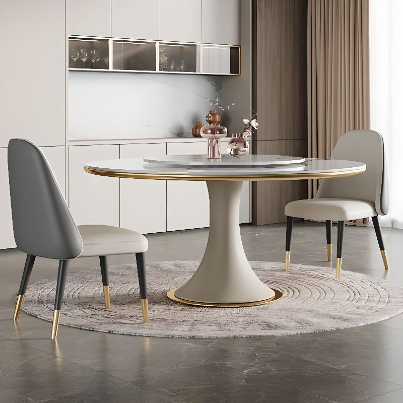 3 Pieces Glam Circular Dining Table Set with Pedestal Base, Closed Back Upholstered Chairs, and White Table Top, Table & Chair(s), 43.3"L x 43.3"W x 29.5"H