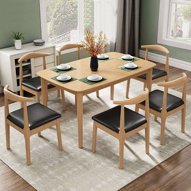 Art Deco Rectangle Dining Table Set in Natural Wood Finish with a Rubberwood Tabletop and Padded Chairs for Dining Table for 6, Table & Chair(s), 7 Piece Set, 55.1"L x 31.5"W x 29.5"H, Natural