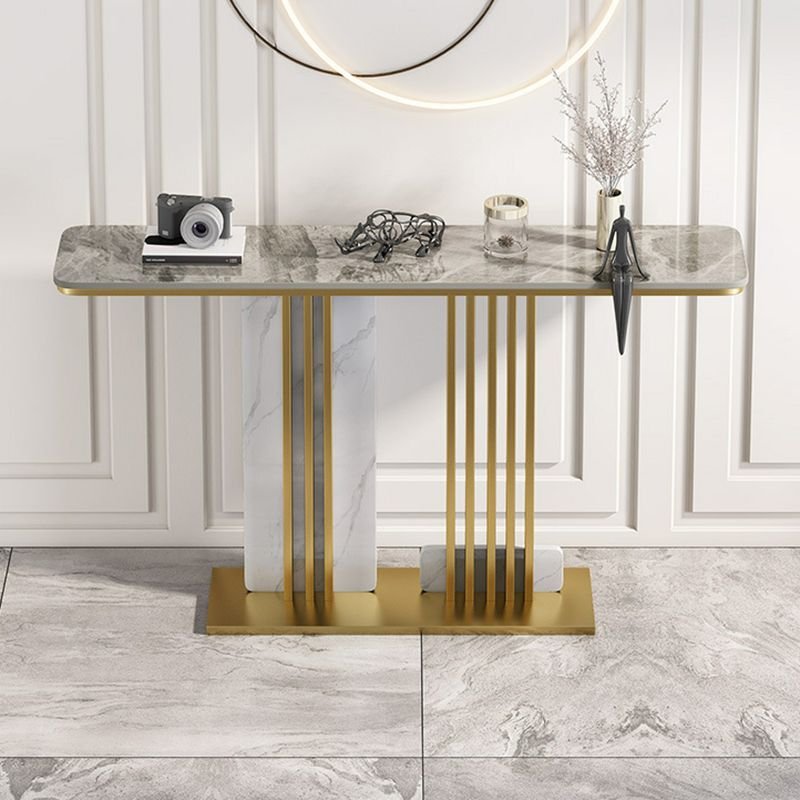 Stylish Gray Rectangular Stone Top Standing Hall Table with Aesthetic Base 1 Piece Set, 39"L x 12"W x 31"H, Gold