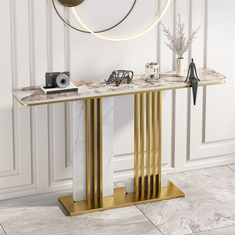 Stylish Rectangular Stone Top Standing Console Stands with Aesthetic Base 1 Piece Set, Scratch Resistant, 47"L x 12"W x 31"H, Gold, Pandora