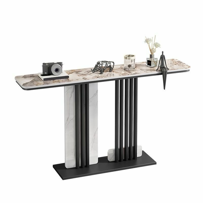 Stylish Rectangular Stone Standing Accent Console Tables with Abstract Base 1 Piece, Scratch Resistant, 55"L x 12"W x 31"H, Black, Pandora