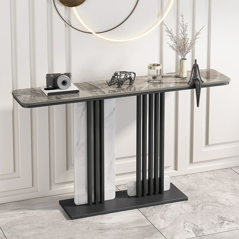 Stylish Grey Rectangular Stone Top Standing Console Table Desk with Aesthetic Base 1 Piece Set, 47"L x 12"W x 31"H, Black