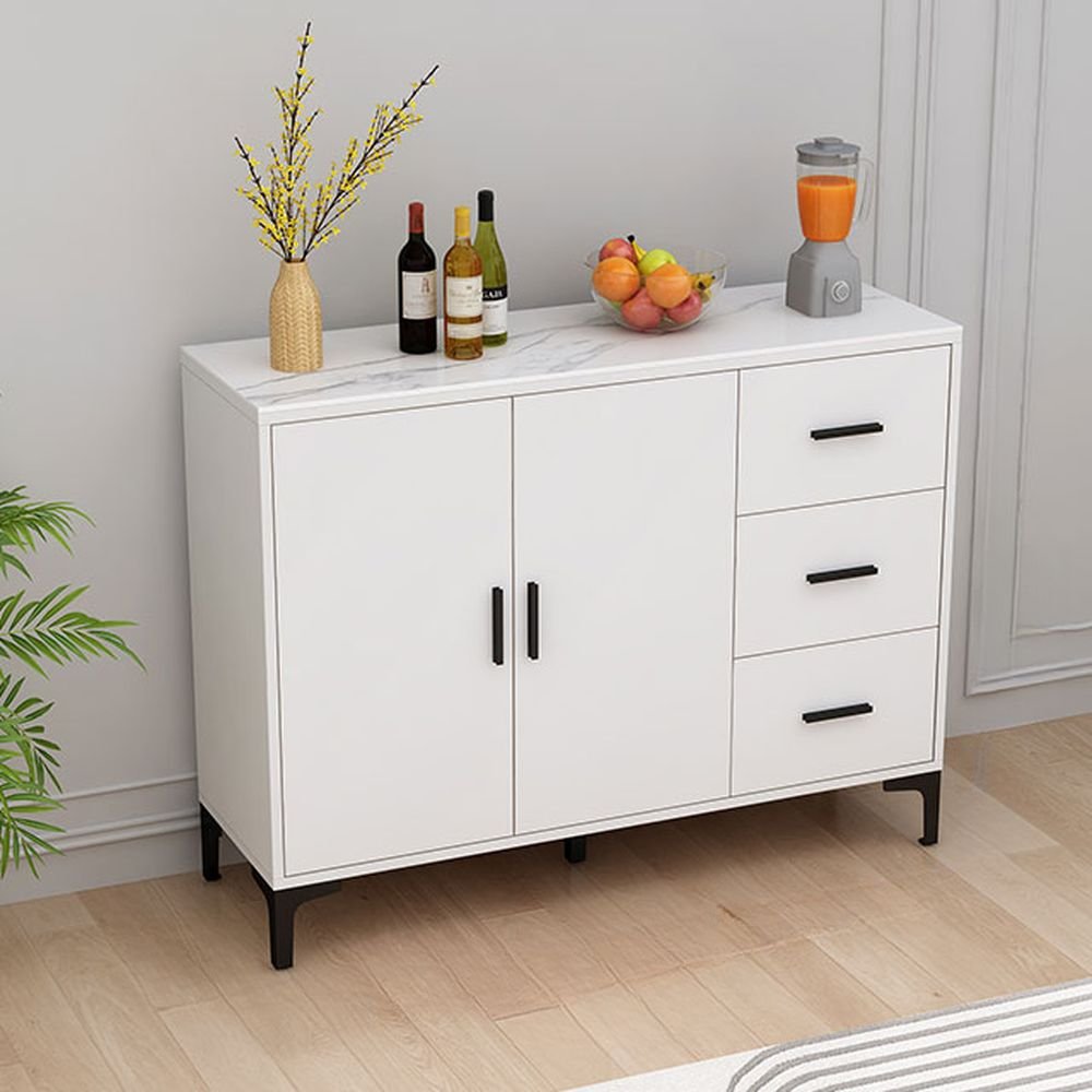 2 Doors White Sintered Stone Flooring Narrow Sideboard with Drawers & Variable Shelf, 47"L x 14"W x 37"H