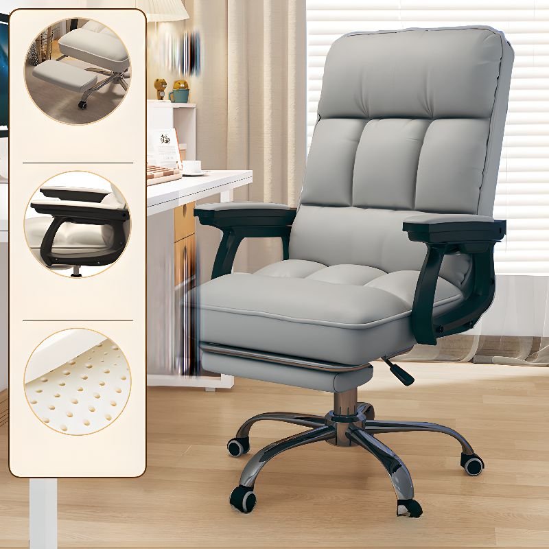 Art Deco Ergonomic Leather Office Desk Chairs in Dove Grey with Arms, Tilt Available and Adjustable Back Angle, Without Headrest, With Footrest, Latex, Grey