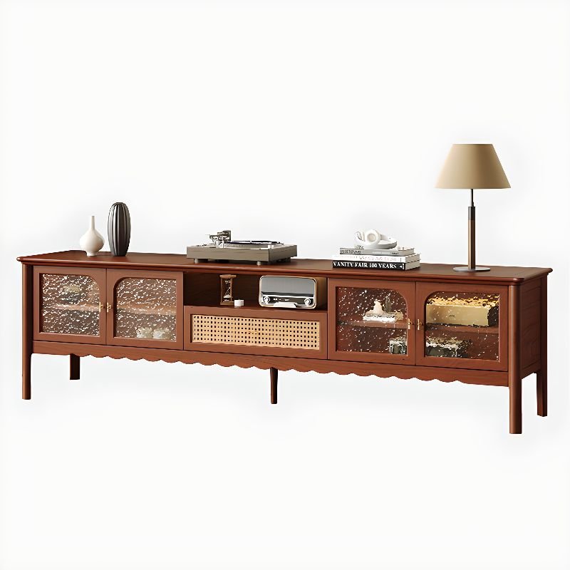Classic Cherry Wood TV Stand with Natural Finish, Open Shelving, Gate Doors in Rectangular Shape, 83"L x 18"W x 22"H