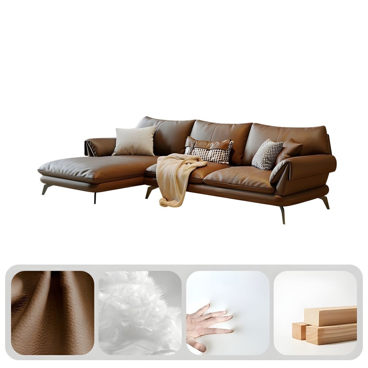 Genuine Leather L-Shaped Sectional Sofa in Brown with Pillows - 110"L x 69"W x 34"H Full Grain Cow Leather