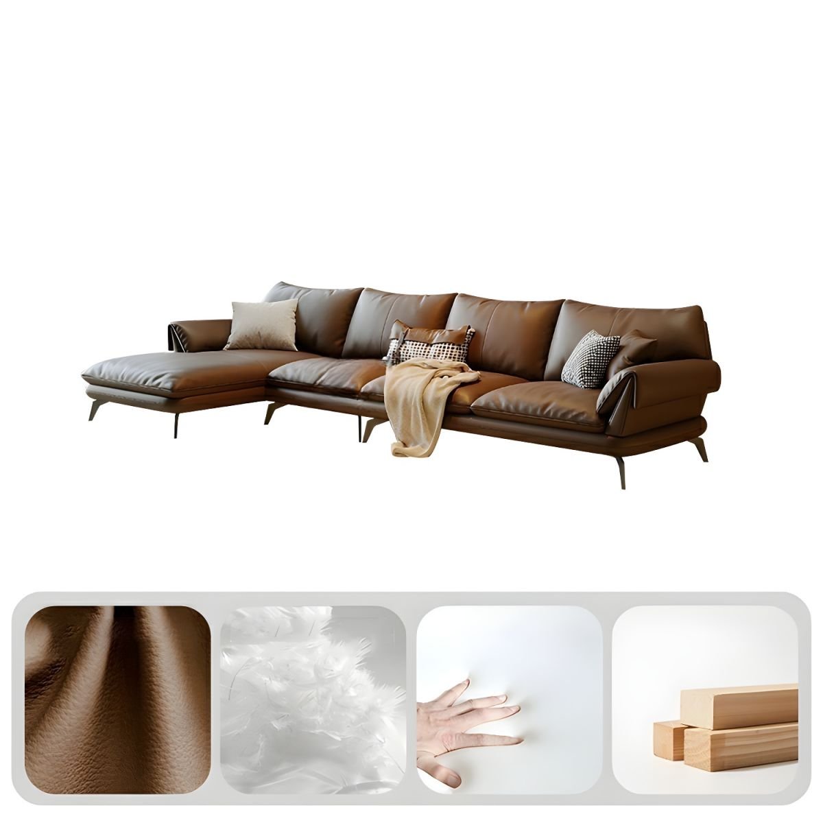 Genuine Leather L-Shaped Sectional Sofa in Brown with Pillows - 142"L x 69"W x 34"H Full Grain Cow Leather