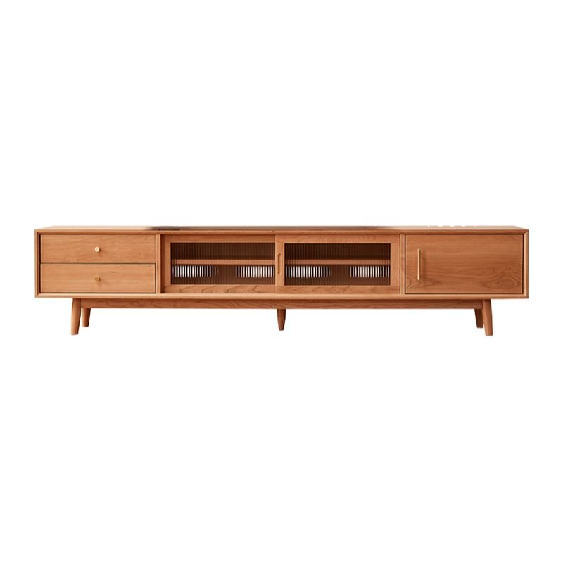 Contemporary Rectangle Amber Wood Cherry Wood TV Stand with Gate & Changeable Shelf, 71"L x 14"W x 18"H