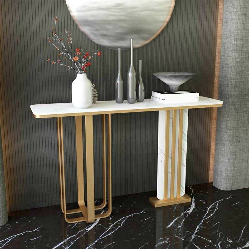 Stylish Rectangular White Scratch Resistant Stone Aesthetic Entry Table, 47"L x 12"W x 31"H
