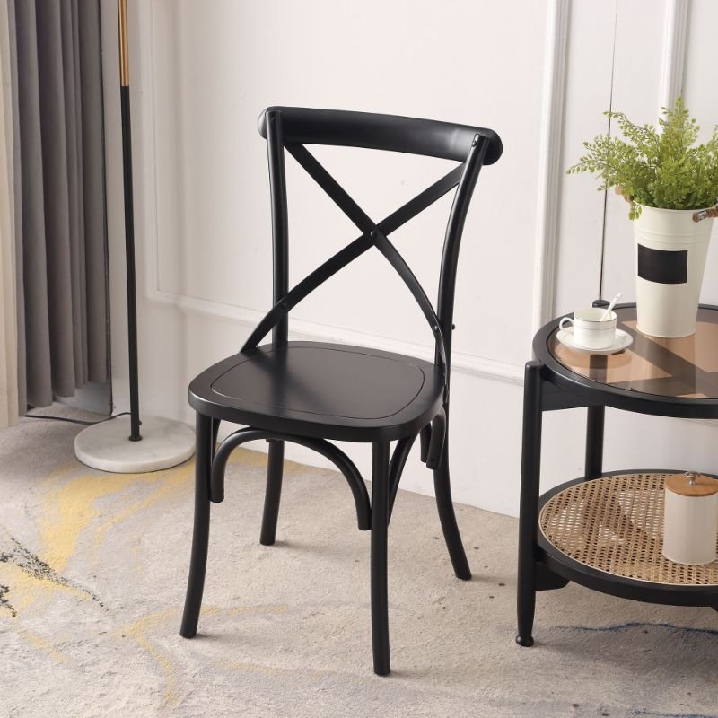 Dining Room Armless Chair with Intersecting Back, Entwined Hand Woven, Foot Pads, Outlined Frame, and Sturdy Build, Black, Wood