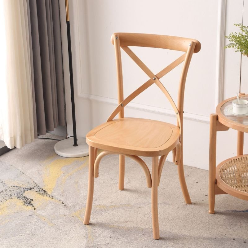 Dining Room Armless Chair with Intersecting Back, Entwined Hand Woven, Foot Pads, Outlined Frame, and Sturdy Build, Natural, Wood