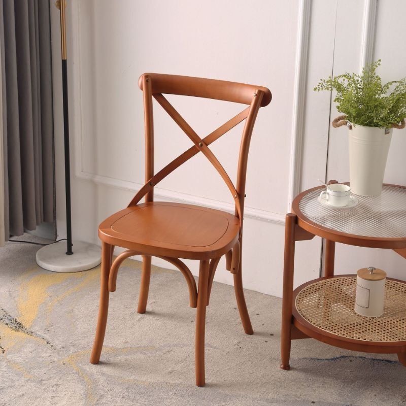 Dining Room Armless Chair with Intersecting Back, Entwined Hand Woven, Foot Pads, Outlined Frame, and Sturdy Build, Nut-Brown, Wood