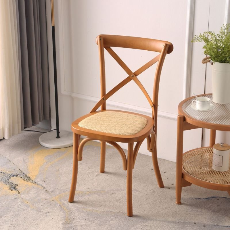 Dining Room Armless Chair with Intersecting Back, Entwined Hand Woven, Foot Pads, Outlined Frame, and Sturdy Build, Cherry Wood, Rattan