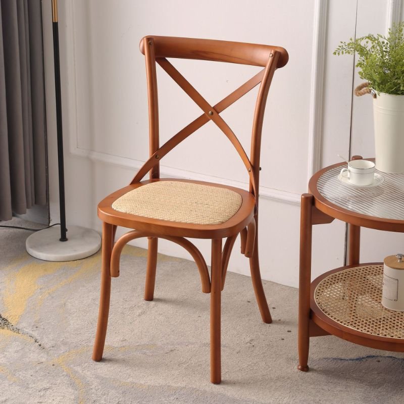 Dining Room Armless Chair with Intersecting Back, Entwined Hand Woven, Foot Pads, Outlined Frame, and Sturdy Build, Nut-Brown, Rattan