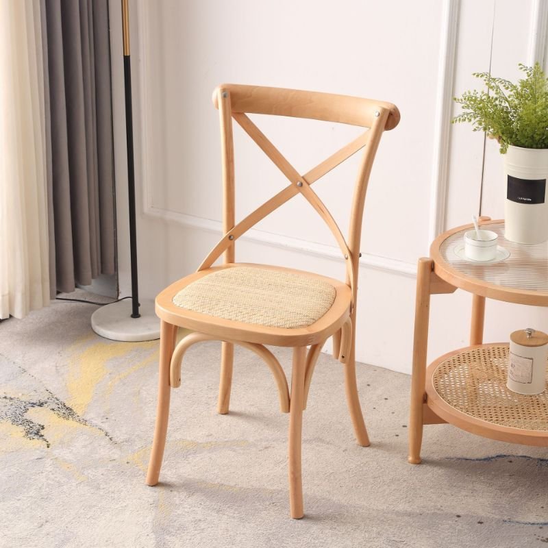 Dining Room Armless Chair with Intersecting Back, Entwined Hand Woven, Foot Pads, Outlined Frame, and Sturdy Build, Natural, Rattan
