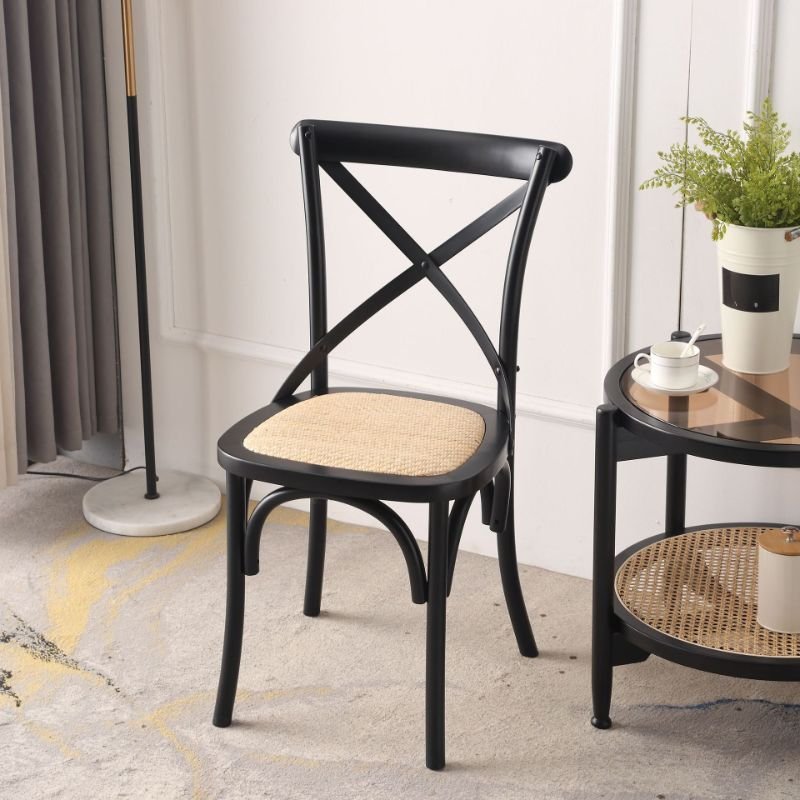 Dining Room Armless Chair with Intersecting Back, Entwined Hand Woven, Foot Pads, Outlined Frame, and Sturdy Build, Black, Rattan