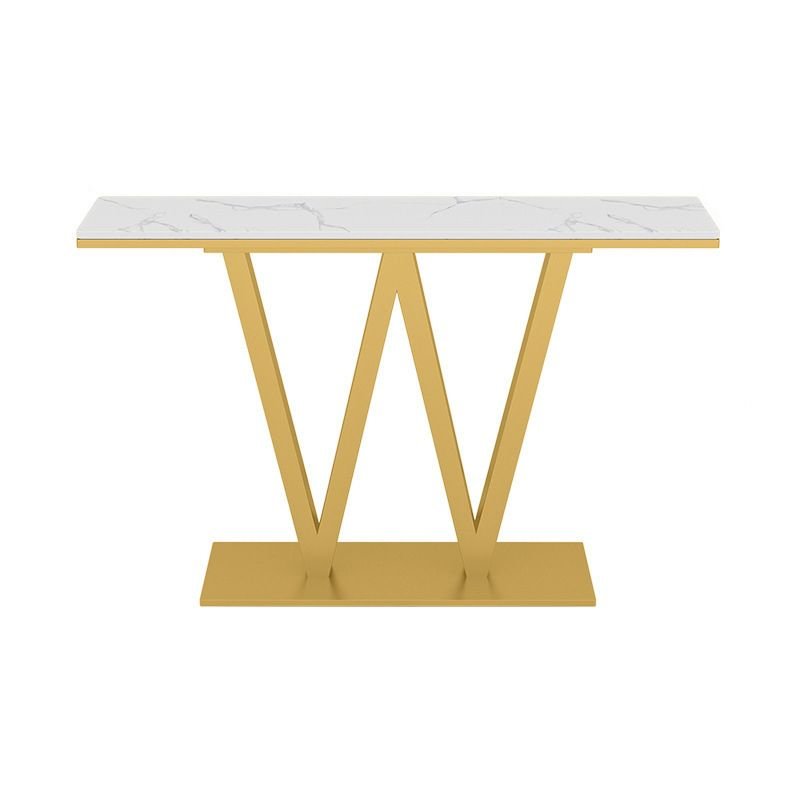 Stylish White Faux Marble Rectangular Top Console Desk 1 Piece with Abstract Base, 55"L x 12"W x 31"H, Gold