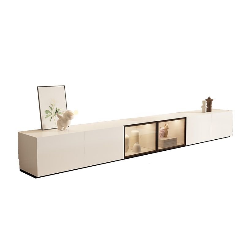 Ivory Rectangular TV Stand for Sitting Room with Gate Doors, Wood+Glass, 126.0"L x 11.8"W x 11.8"H