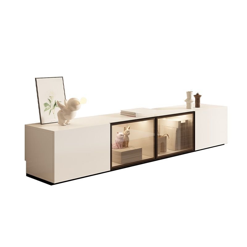 Ivory Rectangular TV Stand for Sitting Room with Gate Doors, Wood+Glass, 79"L x 12"W x 12"H