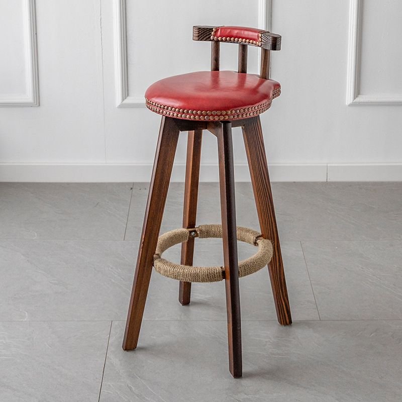 Art Deco Rose Round Hideskin Pub Stool with Rear Seat Back, Turned Swivel, and Decorative Nailhead, Red, Brown