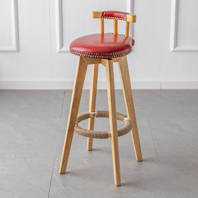 Art Deco Rose Round Hideskin Pub Stool with Rear Seat Back, Turned Swivel, and Decorative Nailhead, Red, Natural