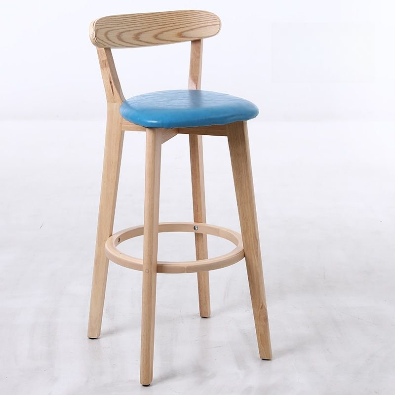 Simple Geometric Figure Neutral Wood Tone Pub Stool with Calfskin, Uncovered Back and Leg Rest, Natural, PU (Polyurethane), Blue