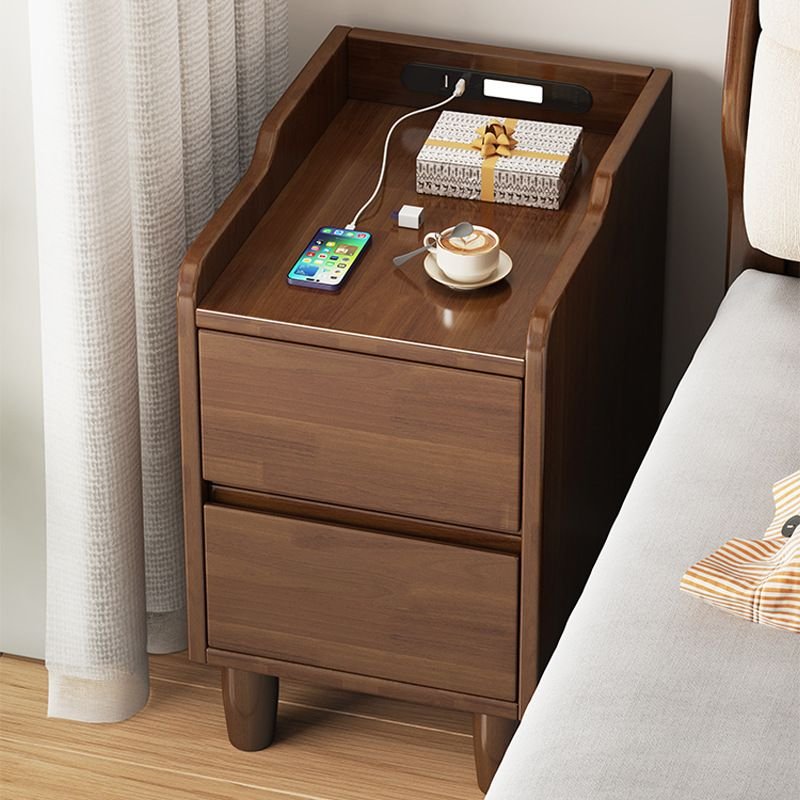 2 Tiers Stylish Solid+Composite Wood Drawer Storage Nightstand with Lighting, Nut-Brown, 12"L x 16"W x 16"H