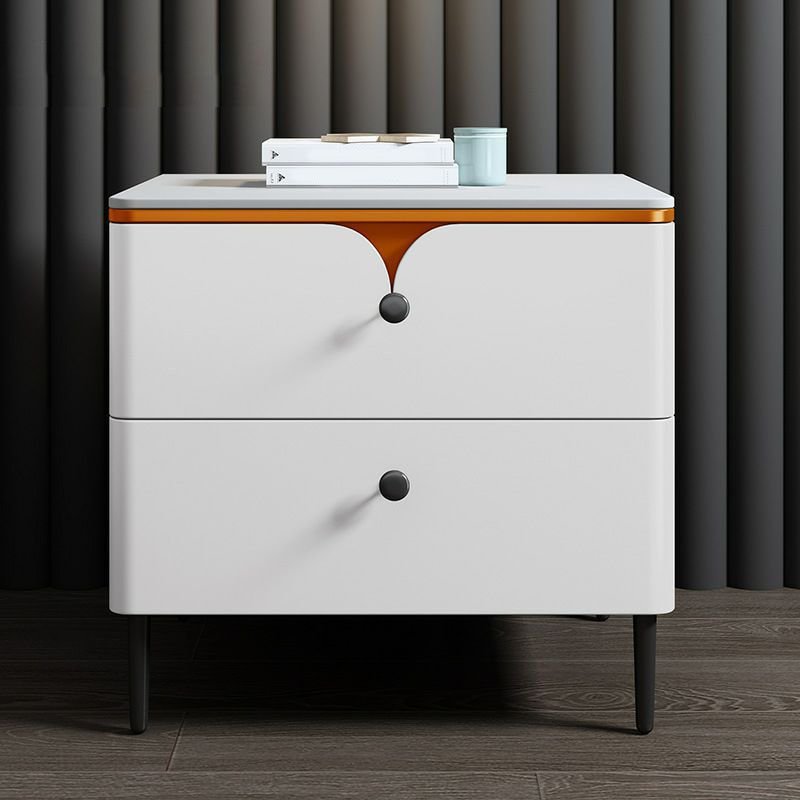 Simplistic Sintered Stone Drawer Storage Nightstand with 2 Drawers & Leg, White/ Orange, 20"L x 16"W x 20"H, Black