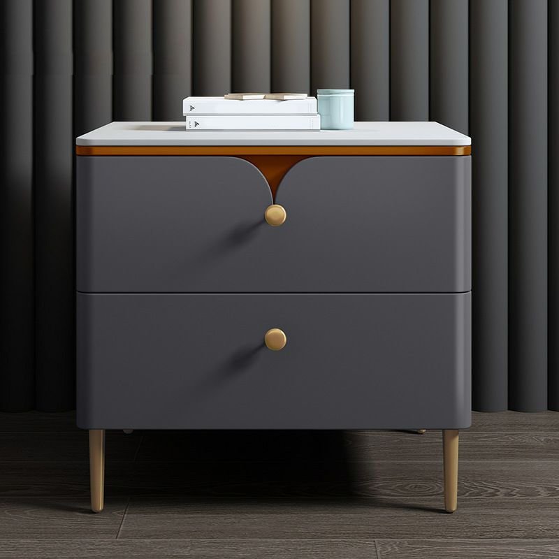 Simplistic Sintered Stone Drawer Storage Bedside Table with 2 Drawers & Leg, Dark Gray/ Light Camel, 12"L x 16"W x 20"H, Gold