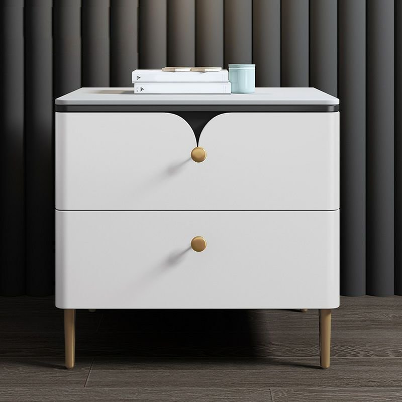 Simplistic Sintered Stone Drawer Storage Bedside Table with 2 Drawers & Leg, White-Gray, 12"L x 16"W x 20"H, Gold