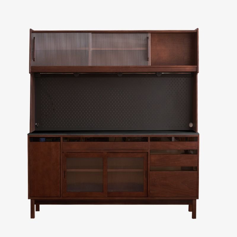 2 Shelves & 4 Drawers Casual Standard Timber Cabinet Set with Sliding Doors & Compartment, Walnut, 71"L x 18"W x 76"H