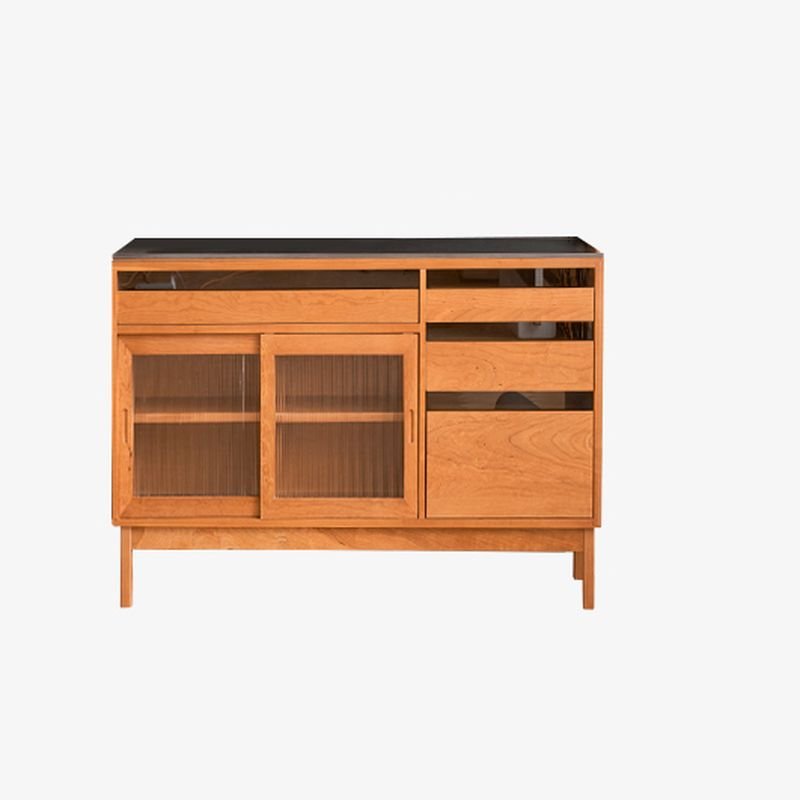 1 Shelf & 4 Drawers Casual Narrow Timber Oven Cabinet with Sliding Doors & Compartment, Cherry Wood, 47"L x 18"W x 34"H