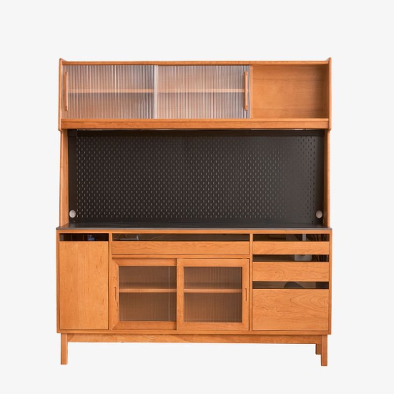 2 Shelves & 4 Drawers Modern Simple Style Standard Timber Cabinet Set with Sliding Doors & Compartment, Cherry Wood, 71"L x 18"W x 76"H