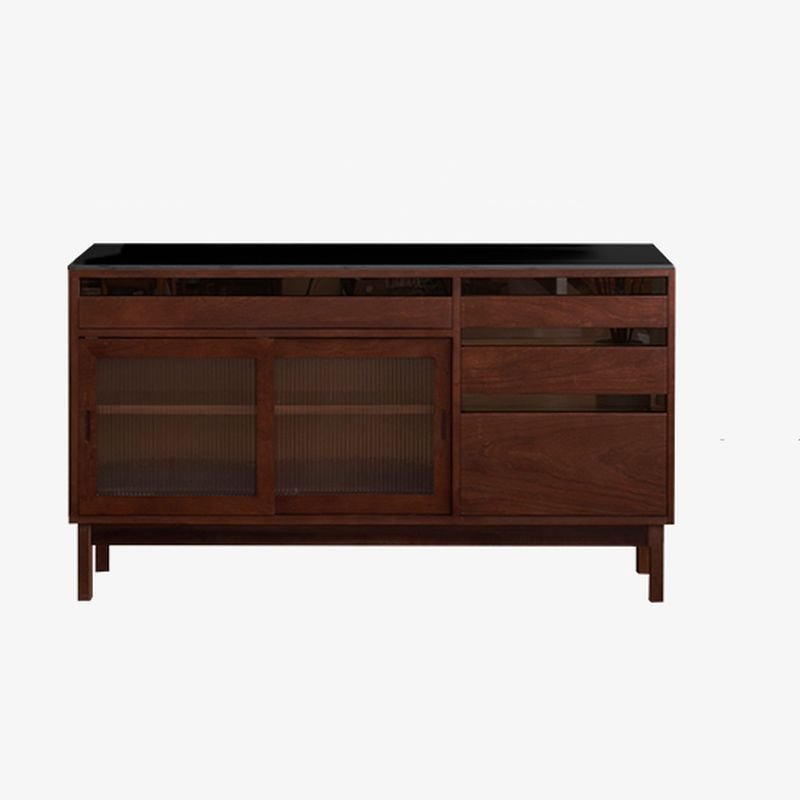 1 Shelf & 4 Drawers Modish Standard Lumber Microwave Shelf Cabinet with Sliding Doors & Drawers, Walnut, 59"L x 18"W x 34"H