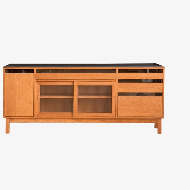 1 Shelf & 4 Drawers Modish Wide Lumber Microwave Storage Cabinet with Sliding Doors & Drawers, Cherry Wood, 83"L x 18"W x 34"H