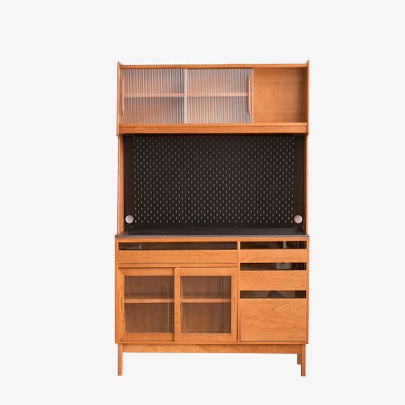 2 Shelves & 4 Drawers Simple Narrow Timber Cabinet Set with Sliding Doors & Compartment, Cherry Wood, 47"L x 18"W x 76"H