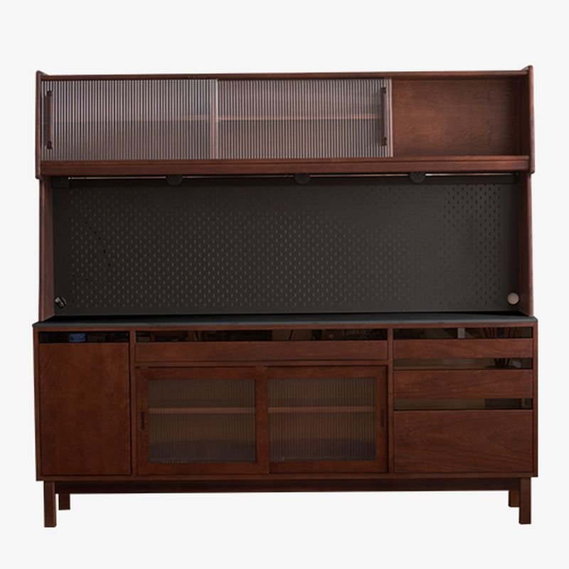 2 Shelves & 4 Drawers Art Deco Wide Lumber Cabinet Set with Sliding Doors & Drawers, Walnut, 83"L x 18"W x 76"H