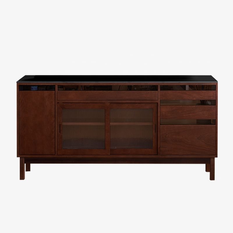 1 Shelf & 4 Drawers Contemporary Standard Timber Kitchen Storage with Sliding Doors & Compartment, Walnut, 71"L x 18"W x 34"H