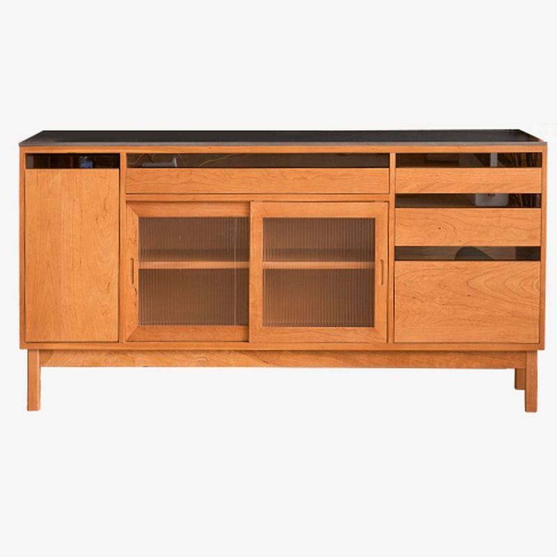1 Shelf & 4 Drawers Trendy Standard Timber Kitchen Storage with Sliding Doors & Compartment, Cherry Wood, 71"L x 18"W x 34"H