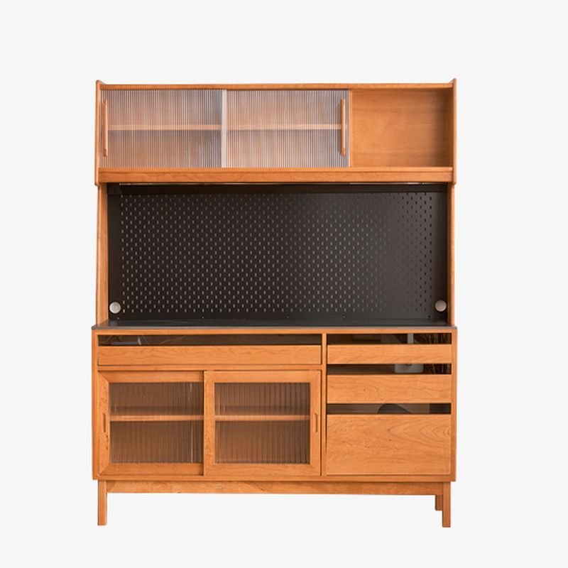 2 Shelves & 4 Drawers Minimalist Standard Lumber Cabinet Set with Sliding Doors & Drawers, Cherry Wood, 59"L x 18"W x 76"H