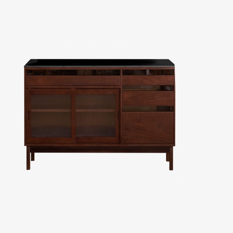 1 Shelf & 4 Drawers Trendy Narrow Timber Oven Cabinet with Sliding Doors & Compartment, Walnut, 47"L x 18"W x 34"H