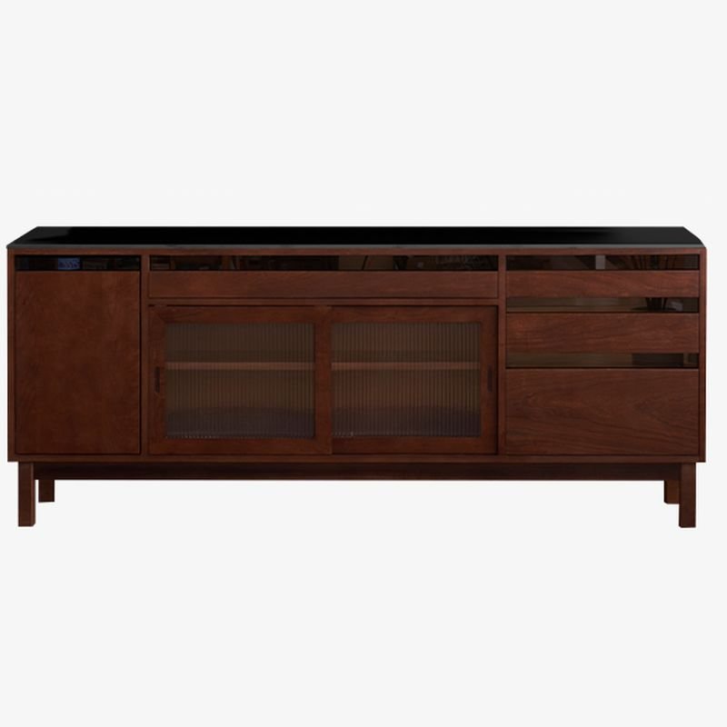 1 Shelf & 4 Drawers Modern Wide Lumber Microwave Storage Cabinet with Sliding Doors & Drawers, Walnut, 83"L x 18"W x 34"H